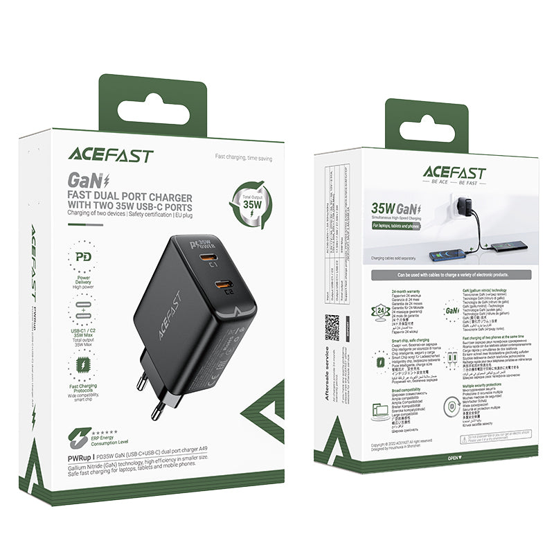Acefast Greitas GaN įkroviklis A49, 35W PD 2x USB C, juodas