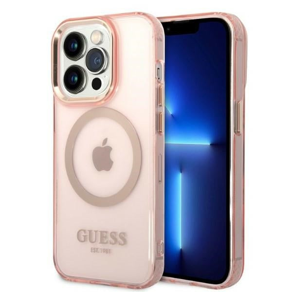 Guess MagSafe dėklas iPhone 14 Pro – rožinis auksas