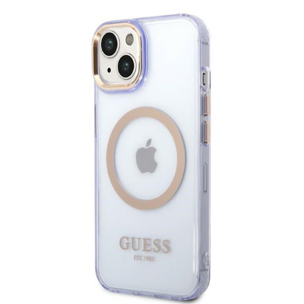 Guess MagSafe dėklas iPhone 14 – violetinis/auksinis