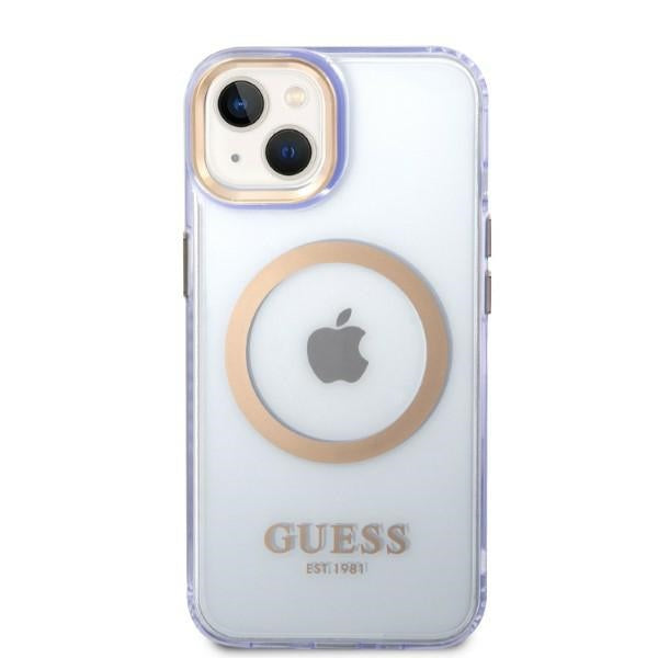 Guess MagSafe dėklas iPhone 14 – violetinis/auksinis