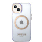 Guess MagSafe dėklas iPhone 14 – violetinis/auksinis