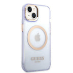 Guess MagSafe dėklas iPhone 14 – violetinis/auksinis