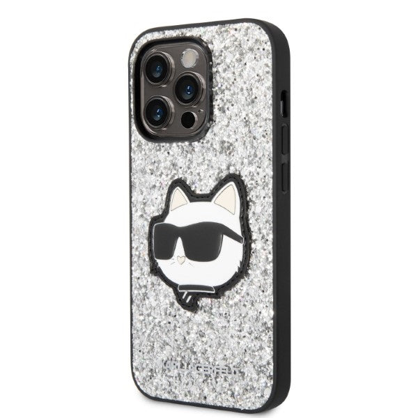 Karl Lagerfeld blizgus dėklas iPhone 14 Pro – sidabrinis