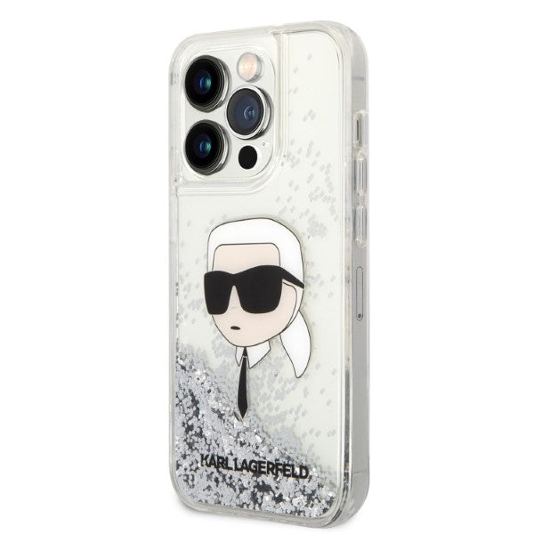 Karl Lagerfeld Liquid Glitter dėklas iPhone 14 Pro – sidabrinis