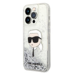 Karl Lagerfeld Liquid Glitter dėklas iPhone 14 Pro – sidabrinis