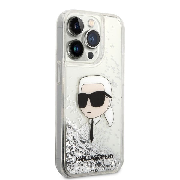 Karl Lagerfeld Liquid Glitter dėklas iPhone 14 Pro – sidabrinis