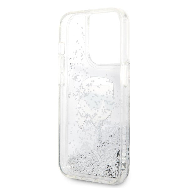 Karl Lagerfeld Liquid Glitter dėklas iPhone 14 Pro – sidabrinis