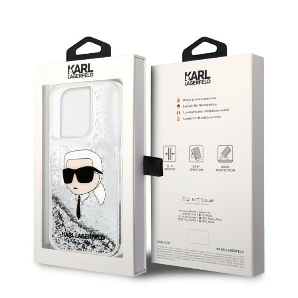 Karl Lagerfeld Liquid Glitter dėklas iPhone 14 Pro – sidabrinis