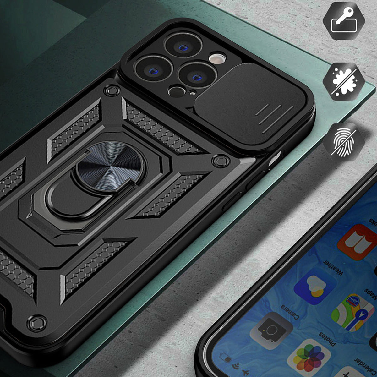 Huawei Nova Y90 dėklas Camshield su kameros dangteliu – juodas -- Huawei nova Y90
