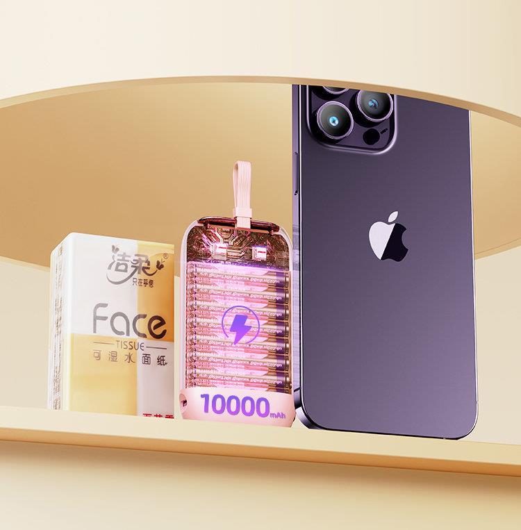 Joyroom mini išorinė baterija 10000mAh Colorful Series 22.5W su 2 integruotais USB-C ir Lightning laidais - rožinė (JR-L012)