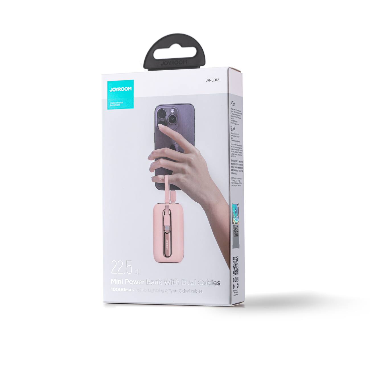 Joyroom mini išorinė baterija 10000mAh Colorful Series 22.5W su 2 integruotais USB-C ir Lightning laidais - rožinė (JR-L012)