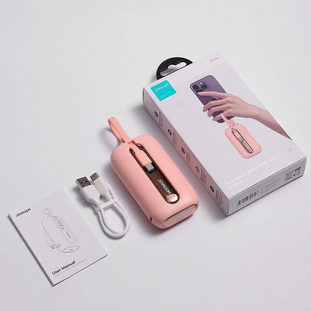 Joyroom mini išorinė baterija 10000mAh Colorful Series 22.5W su 2 integruotais USB-C ir Lightning laidais - rožinė (JR-L012)