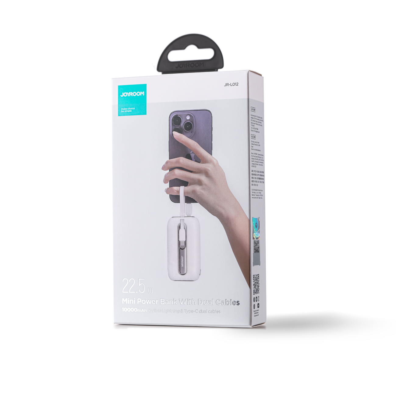 Joyroom mini išorinė baterija 10000mAh Colorful Series 22.5W su 2 integruotais USB-C ir Lightning laidais - balta (JR-L012)