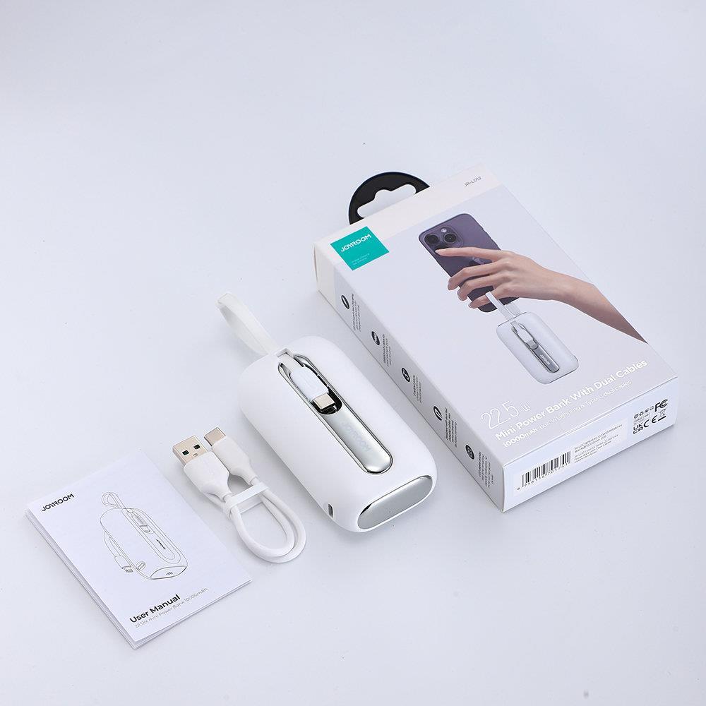 Joyroom mini išorinė baterija 10000mAh Colorful Series 22.5W su 2 integruotais USB-C ir Lightning laidais - balta (JR-L012)
