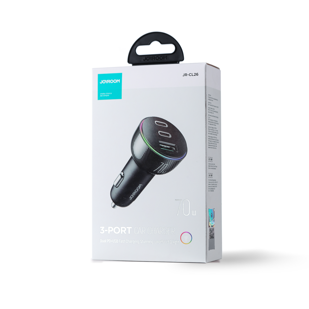 Joyroom Automobilinis įkroviklis 70W su 3 jungtimis: USB, 2 x USB C, juodas (JR-CL26)