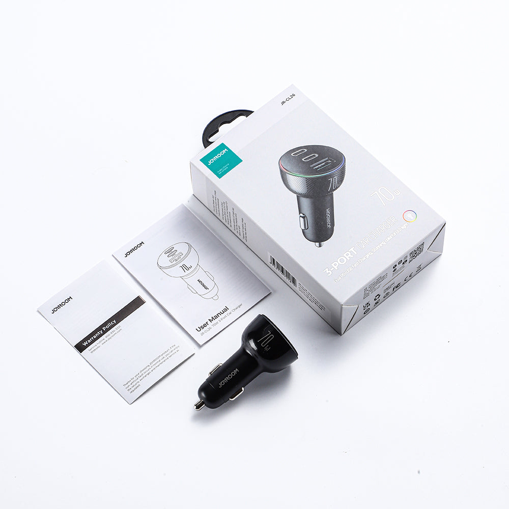 Joyroom Automobilinis įkroviklis 70W su 3 jungtimis: USB, 2 x USB C, juodas (JR-CL26)