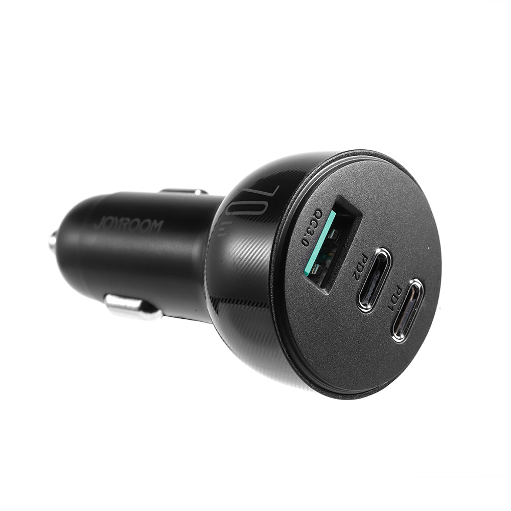 Joyroom Automobilinis įkroviklis 70W su 3 jungtimis: USB, 2 x USB C, juodas (JR-CL26)