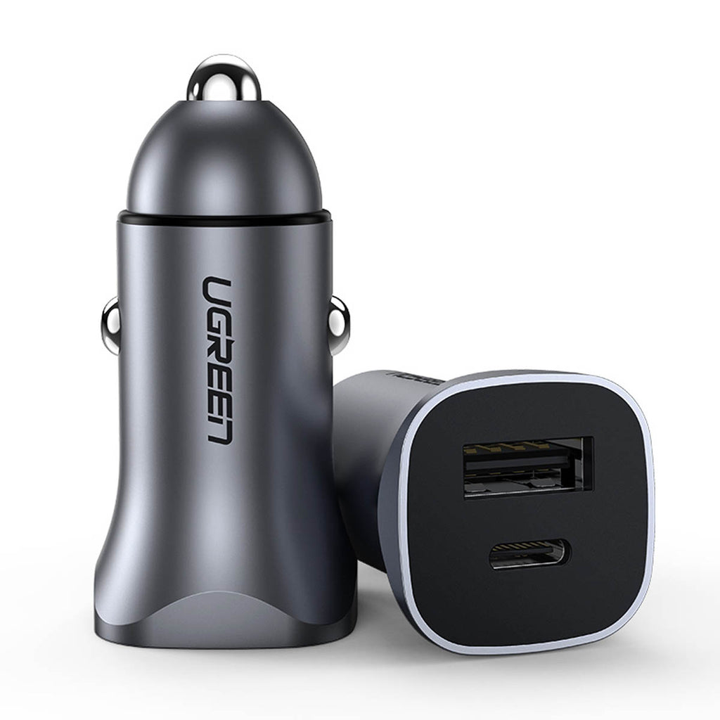 Ugreen CD130 USB-A / USB-C 30W automobilinis įkroviklis - pilkas -- Cell phone chargers