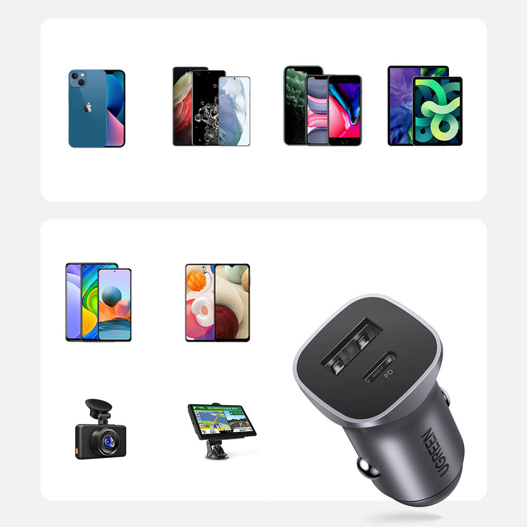 Ugreen CD130 USB-A / USB-C 30W automobilinis įkroviklis - pilkas -- Cell phone chargers