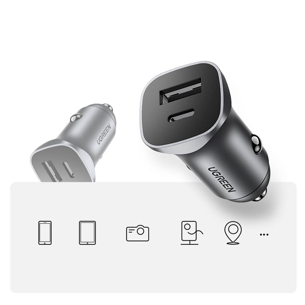 Ugreen CD130 USB-A / USB-C 30W automobilinis įkroviklis - pilkas -- Cell phone chargers