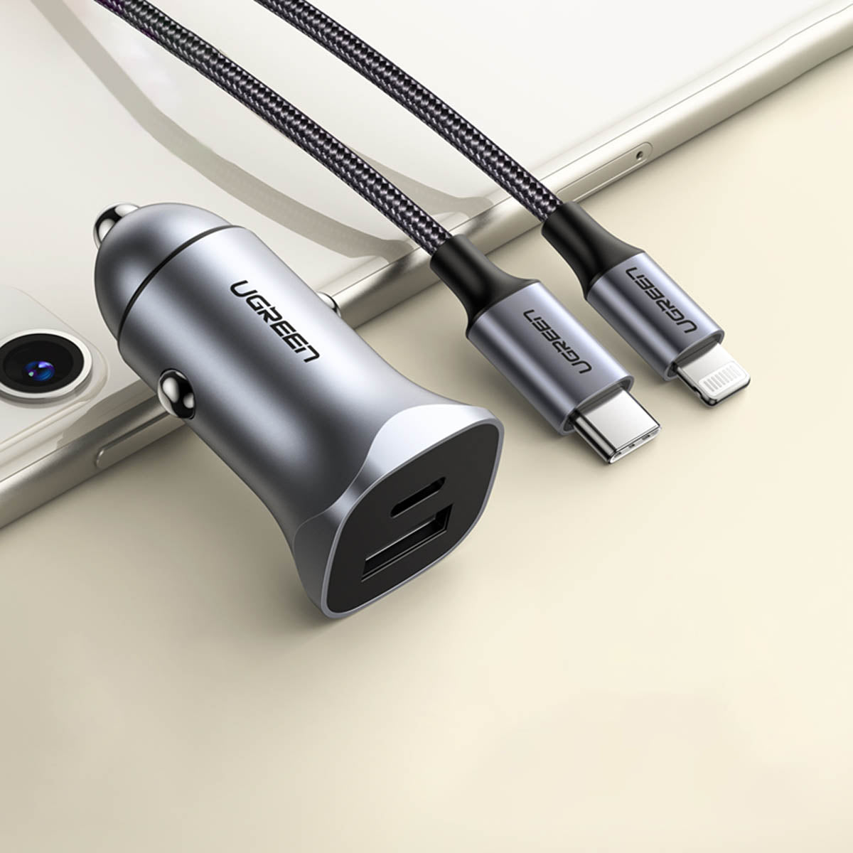Ugreen CD130 USB-A / USB-C 30W automobilinis įkroviklis - pilkas -- Cell phone chargers