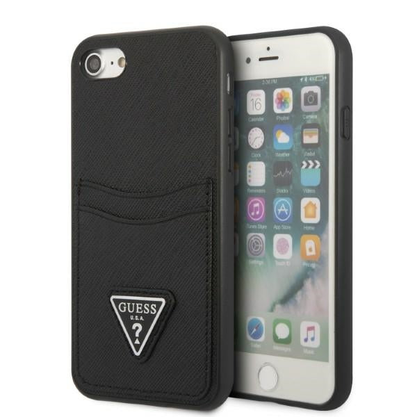 Guess GUHCI8PSATPK iPhone 7/8 SE 2020 / SE 2022 kietas dėklas juodas / juodas kietas Saffiano Triangle logotipo kortelių...