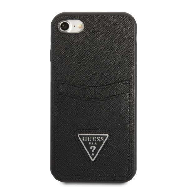 Guess GUHCI8PSATPK iPhone 7/8 SE 2020 / SE 2022 kietas dėklas juodas / juodas kietas Saffiano Triangle logotipo kortelių...