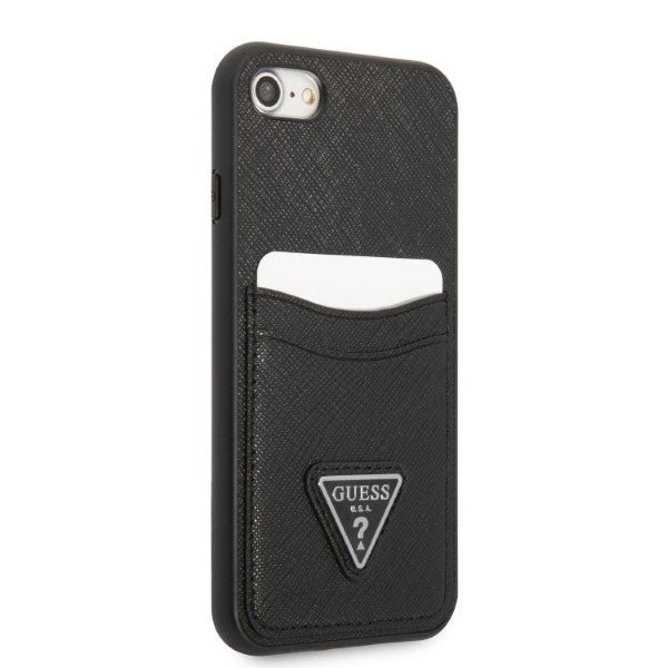 Guess GUHCI8PSATPK iPhone 7/8 SE 2020 / SE 2022 kietas dėklas juodas / juodas kietas Saffiano Triangle logotipo kortelių...