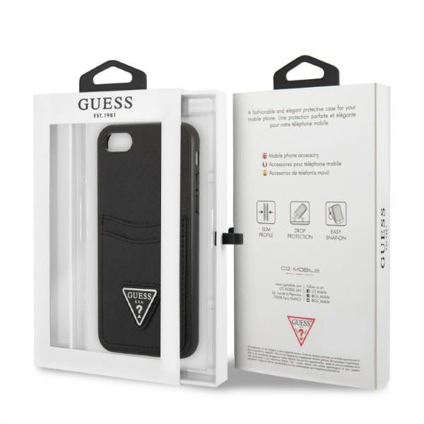 Guess GUHCI8PSATPK iPhone 7/8 SE 2020 / SE 2022 kietas dėklas juodas / juodas kietas Saffiano Triangle logotipo kortelių...