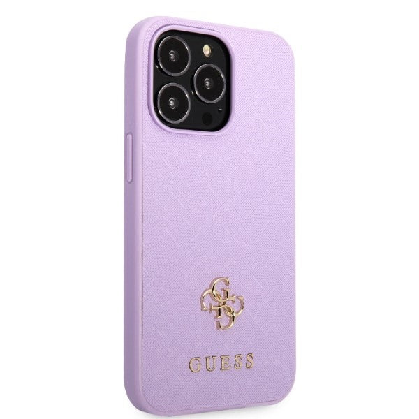 Guess dėklas iPhone 13 Pro Max – violetinis Saffiano 4G