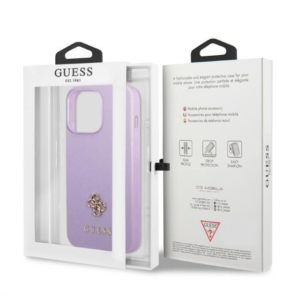 Guess dėklas iPhone 13 Pro Max – violetinis Saffiano 4G