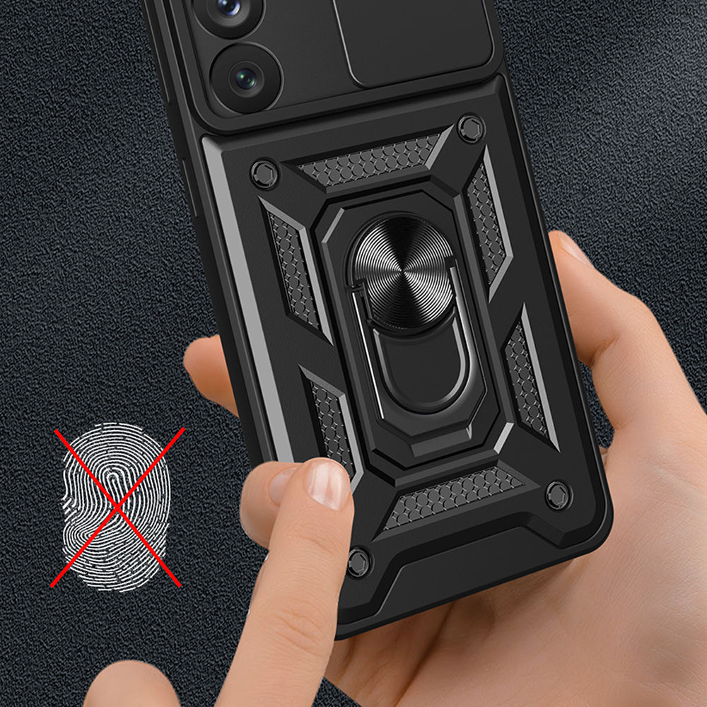 Šarvuotas dėklas Samsung Galaxy S23+ su kameros dangteliu – raudonas