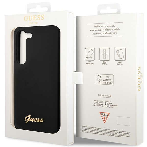 Guess silikoninis dėklas Samsung Galaxy S23+ – juodas, auksinis logotipas