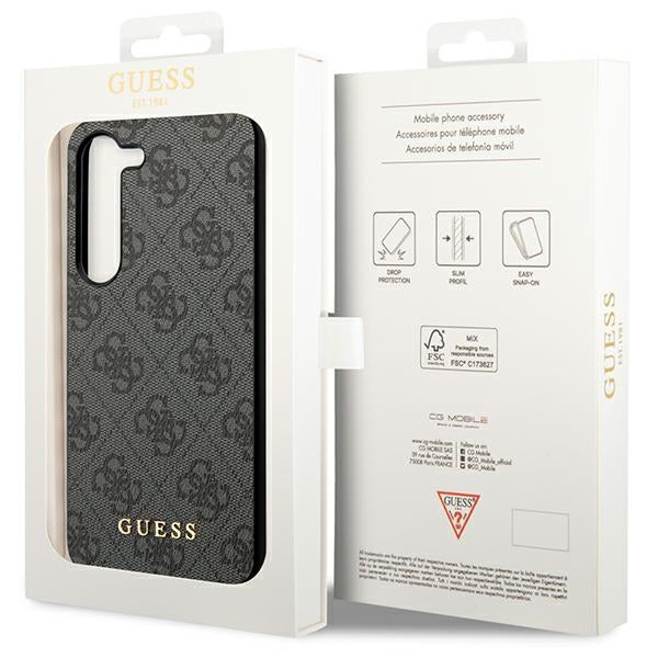 Guess dėklas Samsung Galaxy S23 – pilkas, 4G Metal Gold Logo