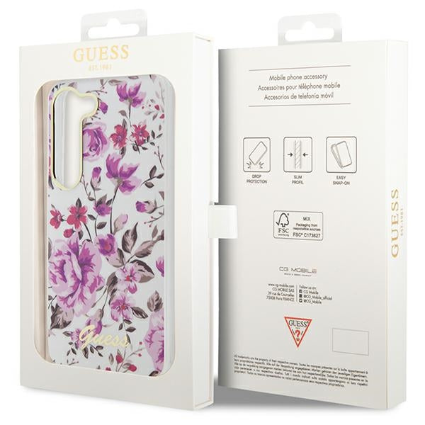 Guess dėklas Samsung Galaxy S23+ – baltas, Flower