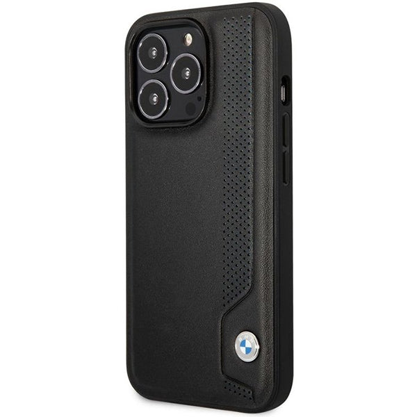 BMW Leather Blue Dots dėklas iPhone 14 Pro – juodas
