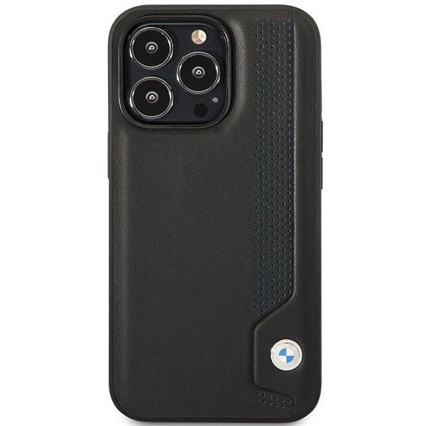BMW Leather Blue Dots dėklas iPhone 14 Pro – juodas