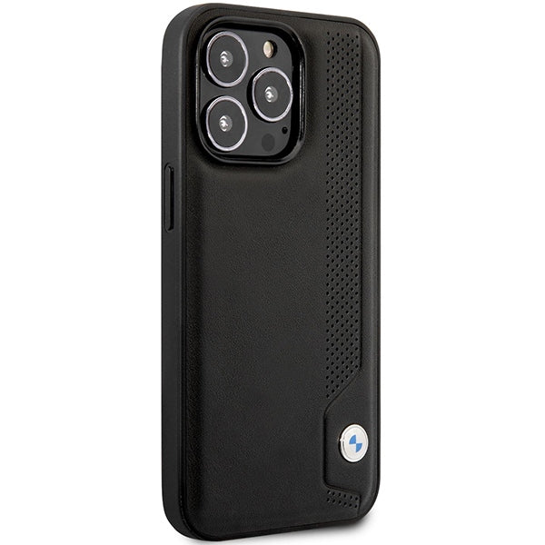 BMW Leather Blue Dots dėklas iPhone 14 Pro – juodas