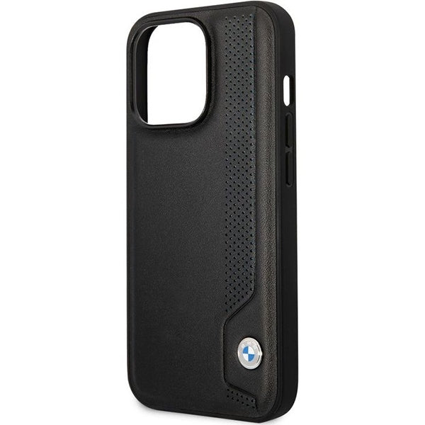 BMW Leather Blue Dots dėklas iPhone 14 Pro – juodas