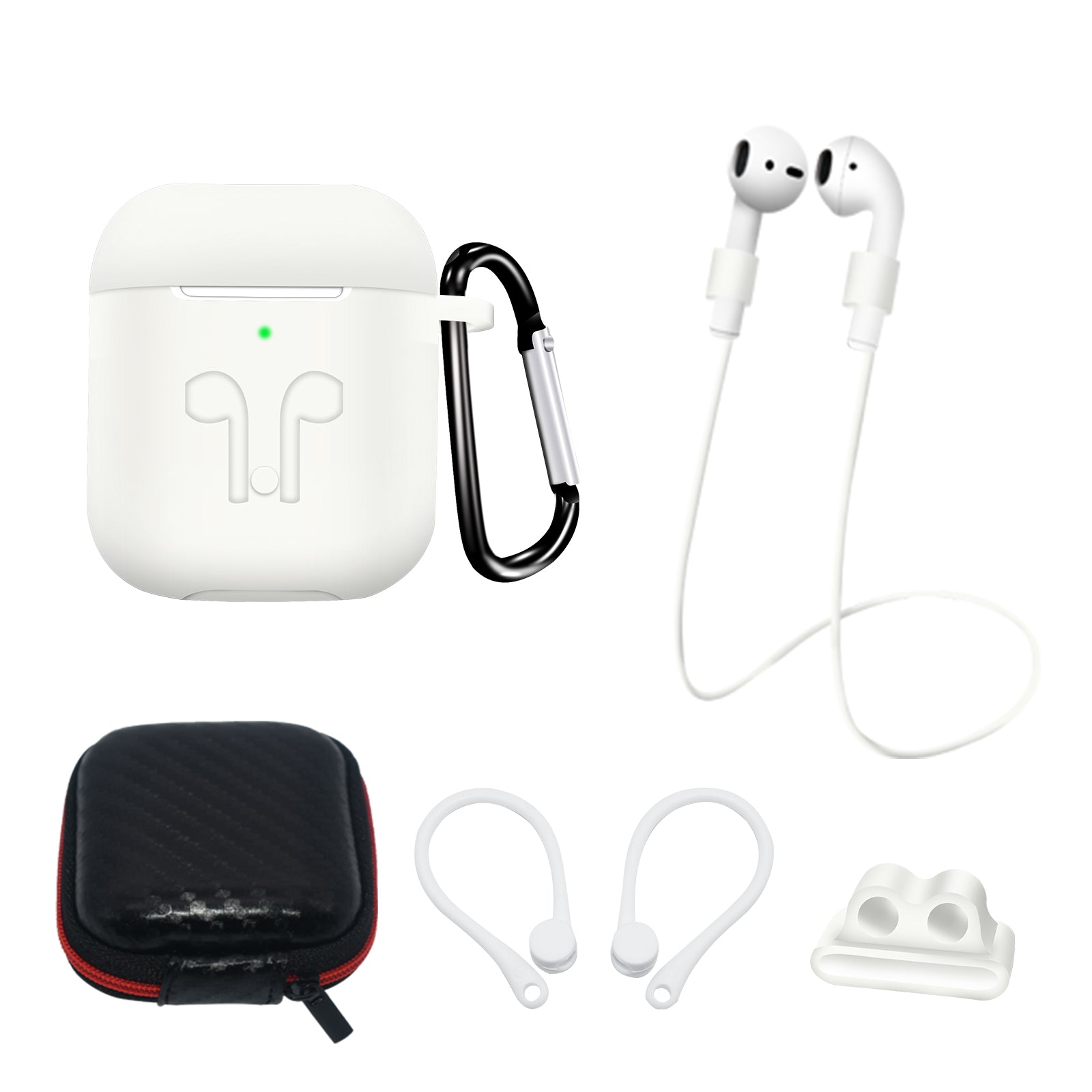 AirPods 1/2 silikoninių dėklų rinkinys su karabinu – baltas