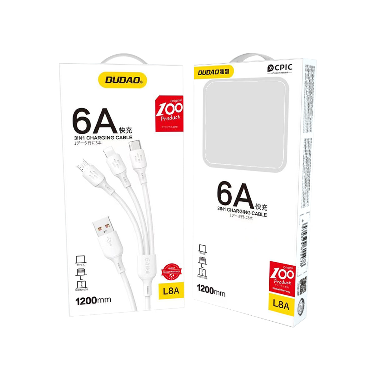 USB Laidas - USB C / micro USB / Lightning 480Mb/s 6A 1.2m - baltas