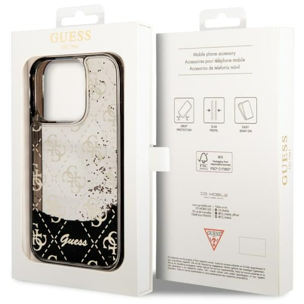 Guess dėklas iPhone 14 Pro – juodas, Liquid Glitter 4G