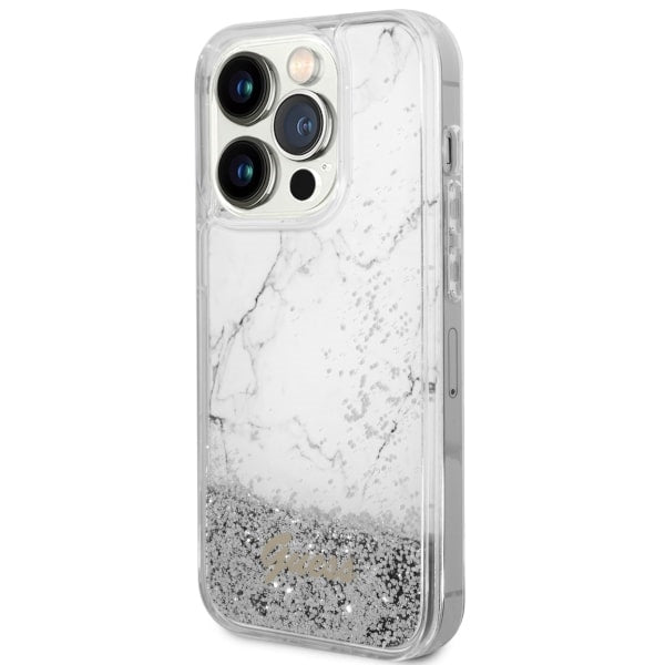 Guess Liquid Glitter Marble dėklas iPhone 14 Pro 6.1" – baltas -- iPhone 14 Pro