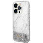 Guess Liquid Glitter Marble dėklas iPhone 14 Pro 6.1" – baltas -- iPhone 14 Pro