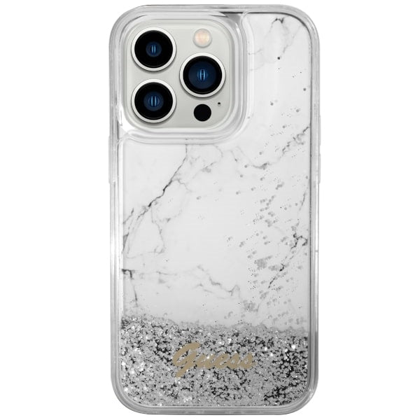 Guess Liquid Glitter Marble dėklas iPhone 14 Pro 6.1" – baltas -- iPhone 14 Pro