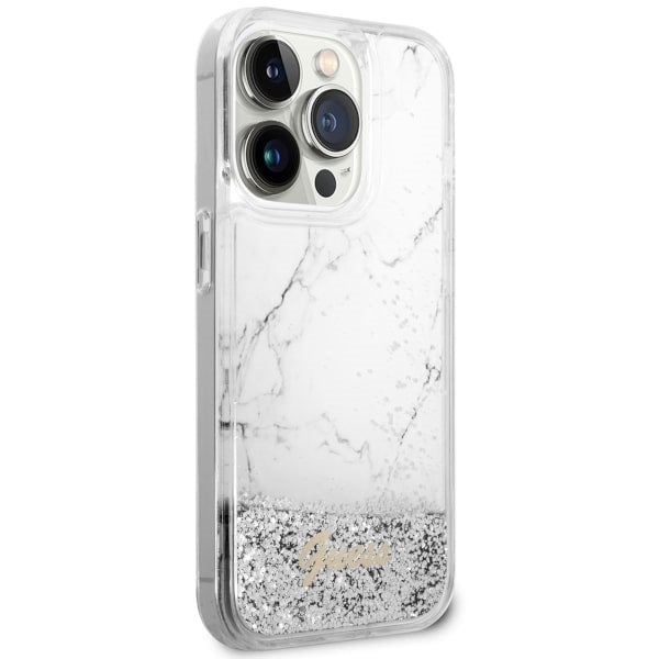 Guess Liquid Glitter Marble dėklas iPhone 14 Pro 6.1" – baltas -- iPhone 14 Pro