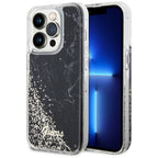 Guess Liquid Glitter Marble dėklas iPhone 14 Pro – juodas