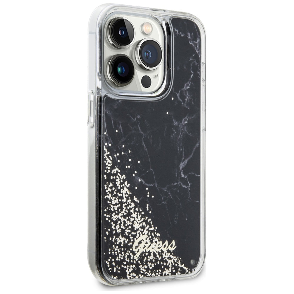 Guess Liquid Glitter Marble dėklas iPhone 14 Pro – juodas