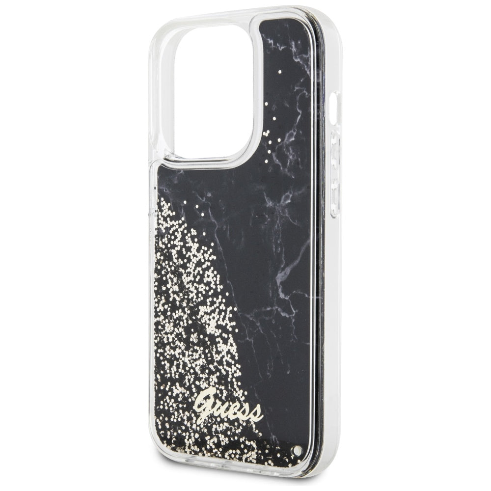 Guess Liquid Glitter Marble dėklas iPhone 14 Pro – juodas
