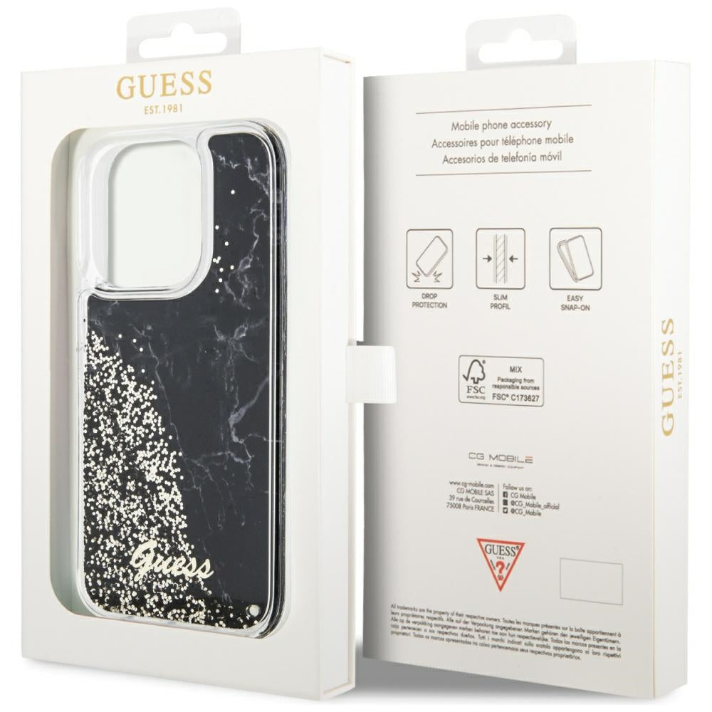Guess Liquid Glitter Marble dėklas iPhone 14 Pro – juodas